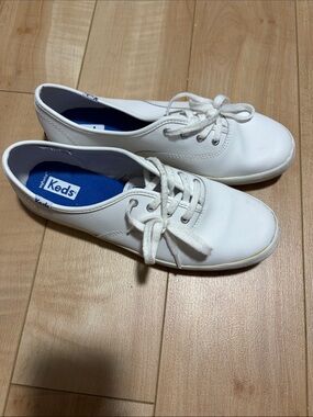Keds White Leather Lace-Up Sneakers with Blue Insole